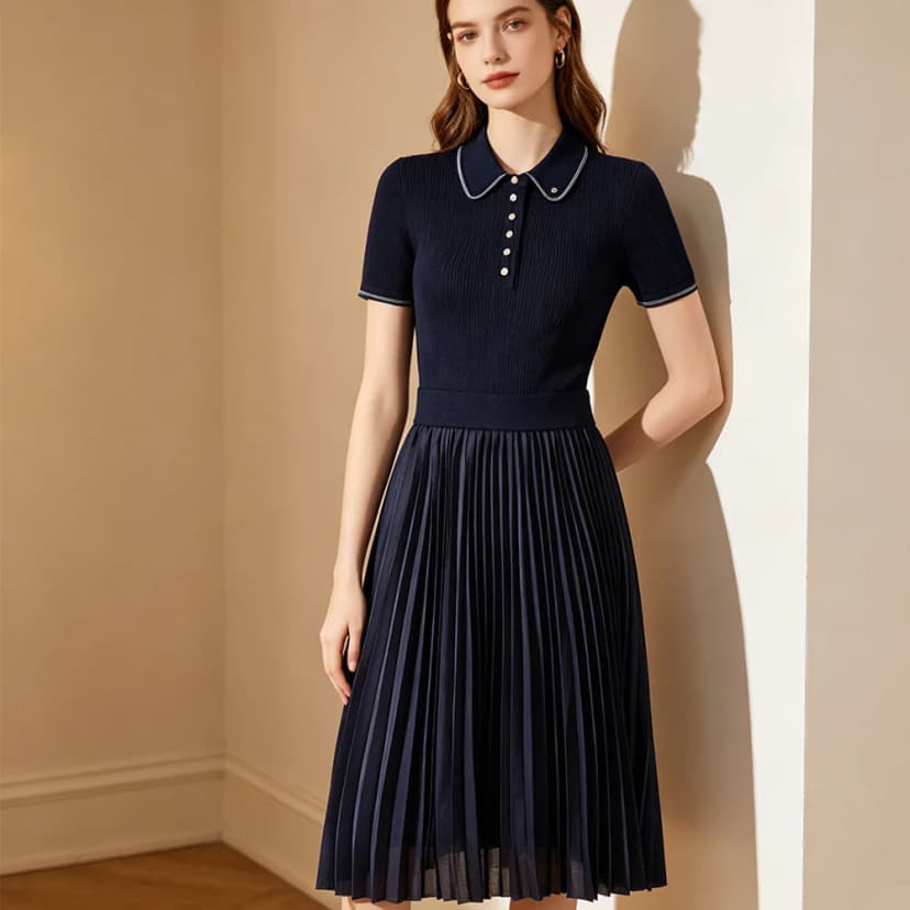Elegant Pleated Polo Dress - Short Sleeve, High-end Fashion