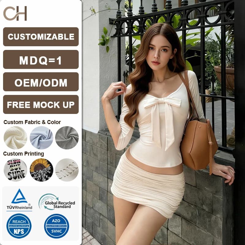 CH Women's Slim Fit Two Piece Set - Tie Design Top & Ruched Mini Skirt